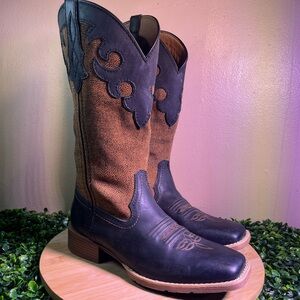 JUSTIN LADIES LATTIE MIDNIGHT BLACK BROWN LEATHER PULL-ON COWGIRL BOOTS SZ 9.5B